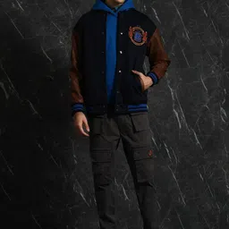 Breakbounce Navy Blue Mock Collar Longline Bomber Jacket with Embroidered image 5