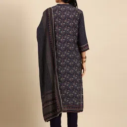 SHOWOFF Women Navy Blue Floral Printed Sequinned Kurta with Trousers & Dupatta image 3