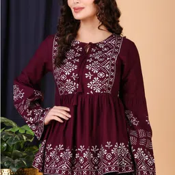 yuvanj Casual Bell Sleeves Printed Women Maroon Top-picture-22