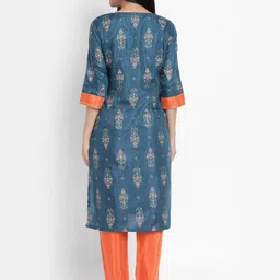 AURELIA - The Aure Collection Women Blue Ethnic Motifs Printed Regular Kurta with Trousers image 5