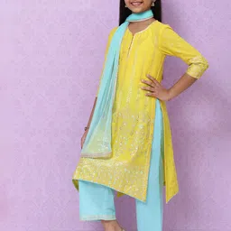 Biba Girls Yellow & Blue Ethnic Motifs Print Regular Cotton Kurta with Palazzos & Dupatta image 5