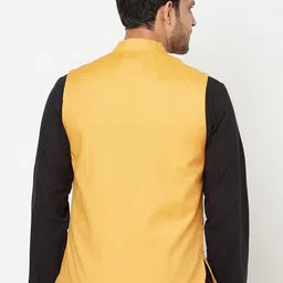 Fabindia Men Yellow Striped Dobby Woven Nehru Jacket image 5
