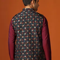 KISAH Floral Printed Mandarin Collar Woven Nehru Jacket With Pocket Square image 5