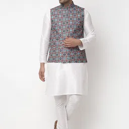 Benstoke Men Blue & Coral-Coloured Printed Nehru Jacket image 4