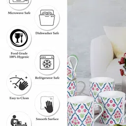 GOODHOMES White & Pink Set of 6 Printed Bone China Glossy Mugs 220 ml Each image 2