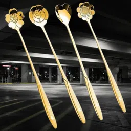 rhnfashion 4pcs golden spons,coffee spoon, flower teaspoons,Desserts Spoons Stainless Steel Cutlery Set image 2