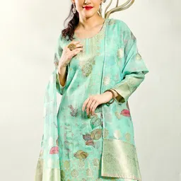 AKS Couture Woven Design Straight Kurta & Trousers With Dupatta image 2