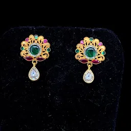 NJ Arts Antique Gold Finish Ethnic Stud Earrings with Green Center Stone Yellow Gold 18kt Stud Earring-picture-12