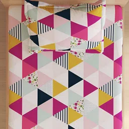 Home Centre White & Pink Geometric 210 TC Single Bedsheet with 1 Pillow Cover image 4