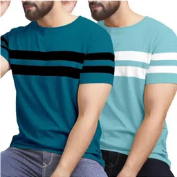 r ridachy Pack of 2 Men Striped Round Neck Cotton Blend Blue, Green T-Shirt-picture-24