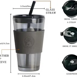 jiyancreation Reusable Glass Tumbler with Lid & Straw Pack of 1 Glass Coffee Mug image 4