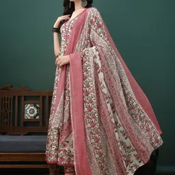 KALINI Floral Printed Pure Cotton Anarkali Kurta With Trousers & Dupatta image 5