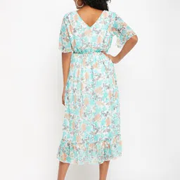 Bitterlime Floral Printed V-Neck Flared Sleeves Flounce Fit & Flare Midi Dress image 4