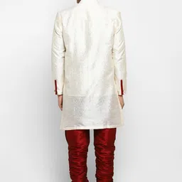 ROYAL KURTA Men Cream Coloured & Maroon Self Design Sherwani With Churidar Pants image 3