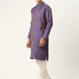 SOJANYA Men Blue Ethnic Motifs Jacquard Silk Kurta with Churidar & Nehru Jacket image 4