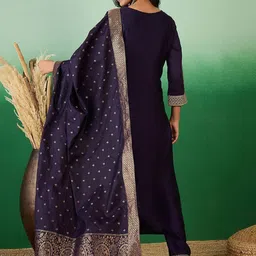 Sangria Purple Embroidered Zari Notch Neck Kurta With Trousers & Dupatta image 3