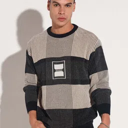 showoffff Men Striped Round Neck Black Sweater image 2