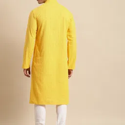 RAJUBHAI HARGOVINDAS Men Yellow Embroidered Regular Chikankari Pure Cotton Kurta with Churidar image 5
