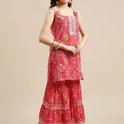 Varanga Women Pink Ethnic Motifs Printed Gotta Patti Pure Cotton Kurta with Sharara & With Dupatta image 5