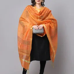 LOOM LEGACY Orange & Gold-Toned Ethnic Motifs Woven Design Cotton Silk Dupatta with Zari image 2
