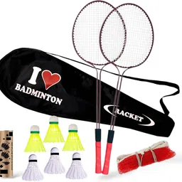 Super combo Double Shaft Racket combo with nylon/feather shuttle net and cover Badminton Kit-image-1