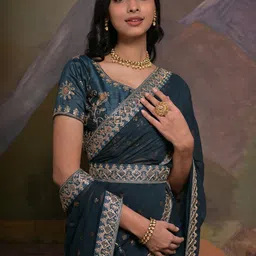 Anouk Teal & Gold Toned Ethnic Motifs Embellished Sequinned Pure Georgette Saree image 5