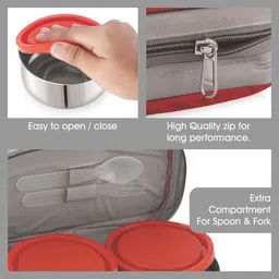 modware 2 Stainless Steel Round Containers 300 ML Each, 1 Fork & 1 Spoon- Red 2 Containers Lunch Box image 3