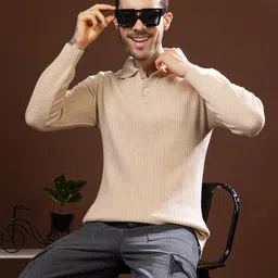 tysort Men Self Design Collared Neck Beige Sweater-picture-33