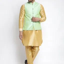 Kaifoo Men Green Solid Silk Nehru Jackets image 2