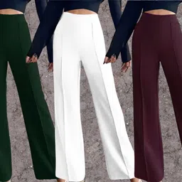 Women Regular Fit Green, White, Maroon Polyester Trousers-image-66