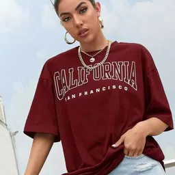 bokaro Women Printed Round Neck Polycotton Maroon T-Shirt-picture-19