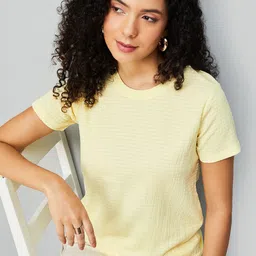 Women Self Design Round Neck Polyester Yellow T-Shirt-image-1