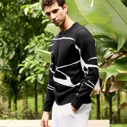 campus sutra Men Self Design Crew Neck Black Sweater image 2
