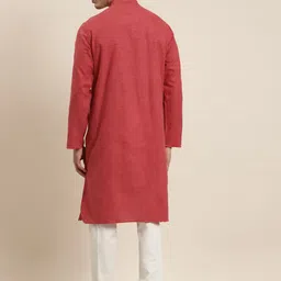 SOJANYA Men Red Cotton Linen Solid Kurta with Churidar image 3
