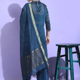 Vishudh Women Teal Ethnic Motifs Chanderi Cotton Kurta with Trousers & With Dupatta image 5