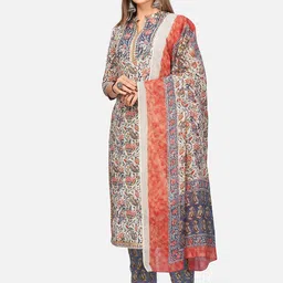 Vbuyz Women Blue Ethnic Motifs Printed Thread Work Pure Cotton Kurta with Trousers & With Dupatta image 5
