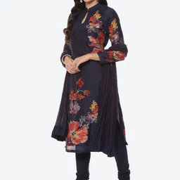 Biba by Rohit Bal by Rohit Bal Women Blue Floral Printed Chanderi Silk Kurta with Churidar & With Dupatta image 5