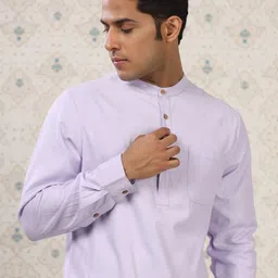 Ode by House of Pataudi Lavender & Beige Band Collar Straight Kurta with Pyjamas image 5