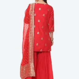 Biba Women Red Floral Embroidered Kurta with Sharara & With Dupatta image 5
