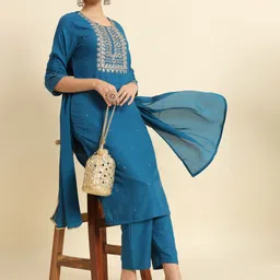 THE52 Floral Yoke Design Sequinned Kurta With Trousers & Dupatta image 5