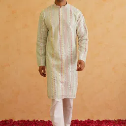 SOJANYA LUXE Striped Embroidered Mandarin Collar Straight Kurta with Pyjamas image 5