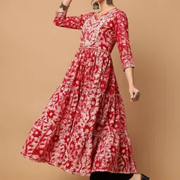 GLAM ROOTS Women Floral Printed Mirror Work Pure Cotton Kurta with Trousers & Dupatta image 5