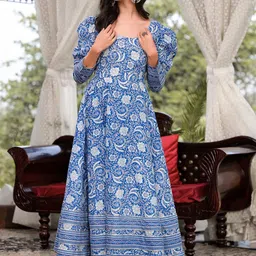 Divena Floral Printed Puff Sleeves Regular Pure Cotton Anarkali Kurta With Trousers image 5
