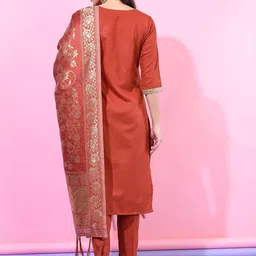 Vishudh Women Rust Embroidered Kurta with Trousers & With Dupatta image 5