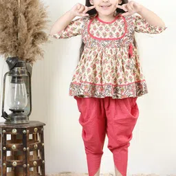 here&now x kinder kids Kinder Kids Girls Floral Printed Empire Gotta Patti Pure Cotton Kurti With Dhoti Pants image 5
