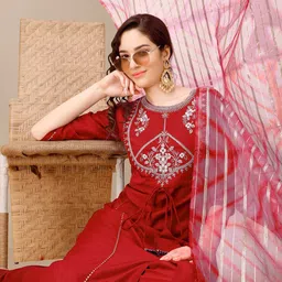 KALINI Embroidered Straight Front Slit Kurta Palazzo & Organza Dupatta Set image 5