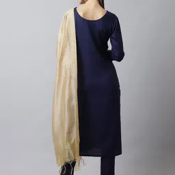 Tulsattva Women Navy Blue Floral Embroidered Thread Work Kurta with Trouser & With Dupatta image 5