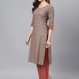 Idalia Women Grey Ethnic Motifs Printed Pure Cotton Kurta with Palazzos image 3
