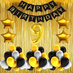 Solid No 9 Gold Foil Balloons with Happy Birthday Decoration Items or Kit Black Banner Set of 13 Letters with 100 HD Metallic Gold , Silver & Black Balloons Decoration + 4 Gold Star shape Foil Balloons for Party Decoration for Boys ,Girls & Kids + 2 Gold Fringe Curtains + 9th Birthday or 9th Year Birthday Gold Foil Balloons Balloon-image-27