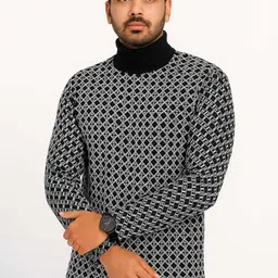Men Geometric Print High Neck Black Sweater-image-3